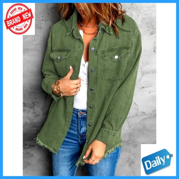 Oversized Denim Shacket with Frayed Hem and Front Pockets - Picture 5 of 7